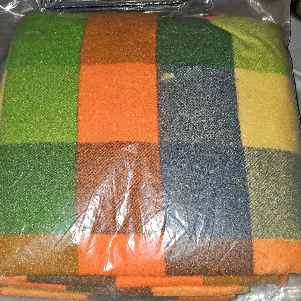 VTG Varsity Plaid Blanket 45x72 Green Orange NEW Vintage